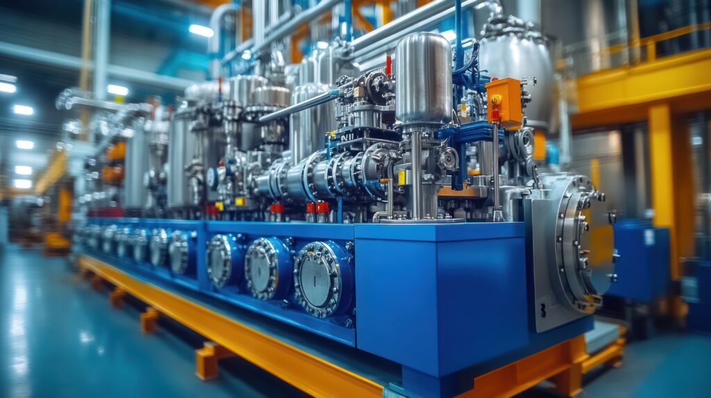 A close-up view of a complex industrial machinery with pipes, tanks, valves, and other equipment in a factory setting.
